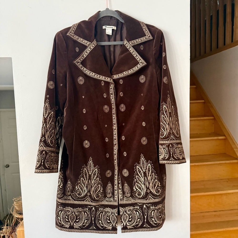 Late 90”s Vintage Peter Nygard Penny Lane Chocolate Velvet Feel Embroidered Coat